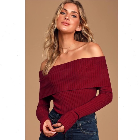 Lulus Sweaters - Lulus Perfect Timing Burgundy Ribbed Off-The-Shoulder Sweater Top Size Medium